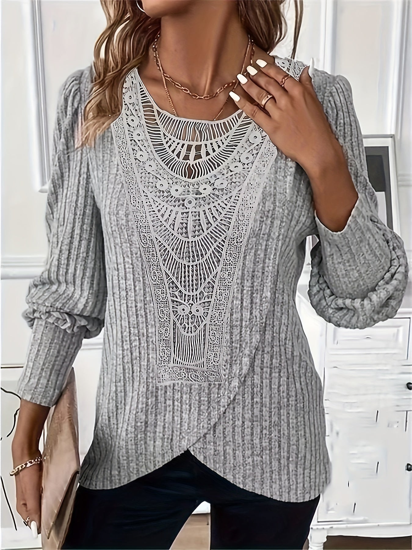 Lace Splicing Crew Neck T-shirt, Versatile Long Sleeve Cross Front Top