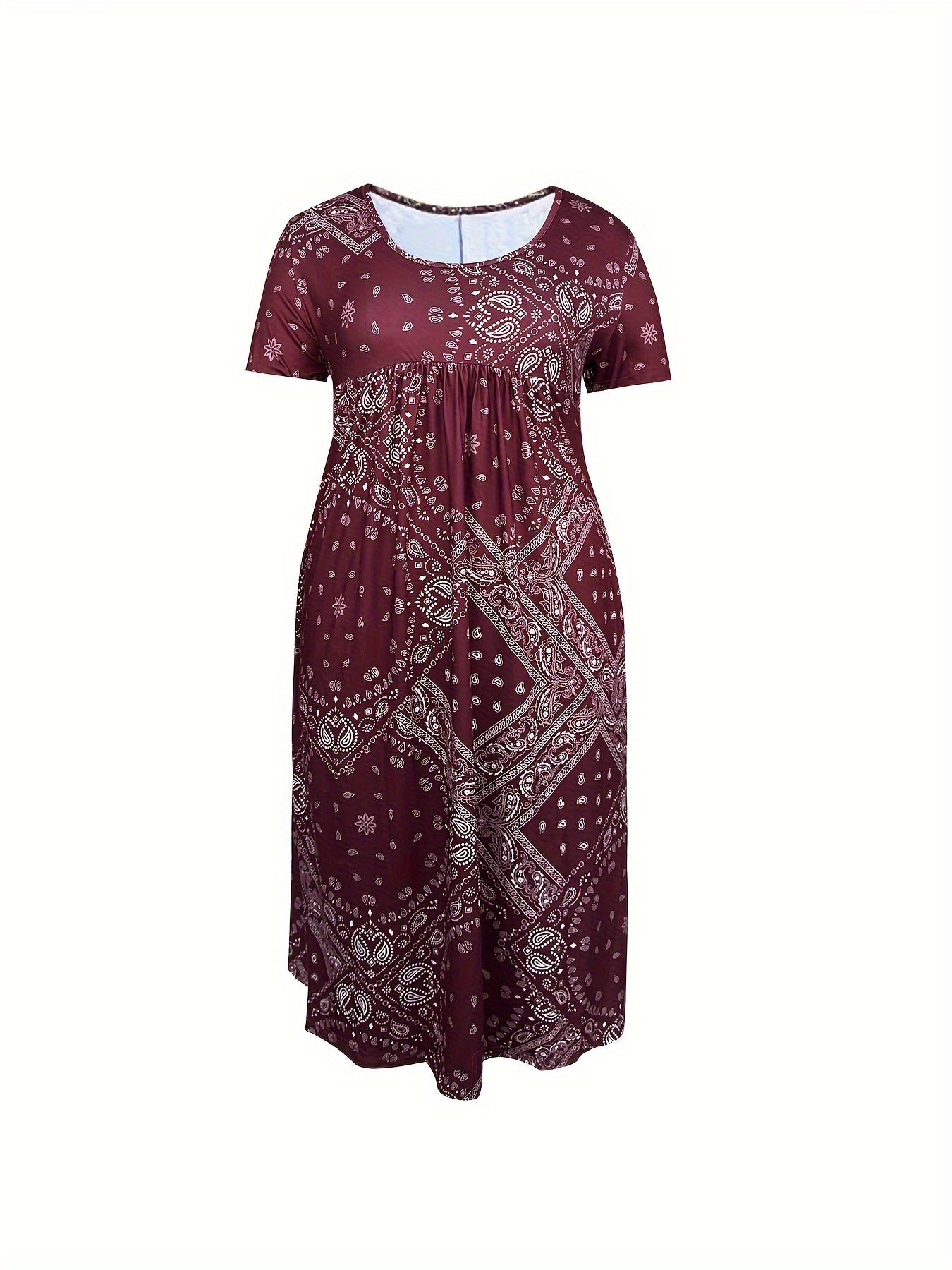 Print A-Line Short Sleeve Round Neck Dress with Pockets