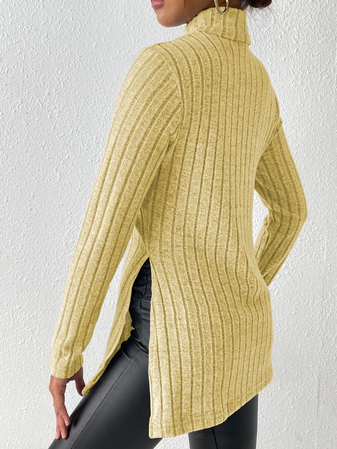 Solid Turtle Neck Rib Knit Top, Casual Long Sleeve Split Top