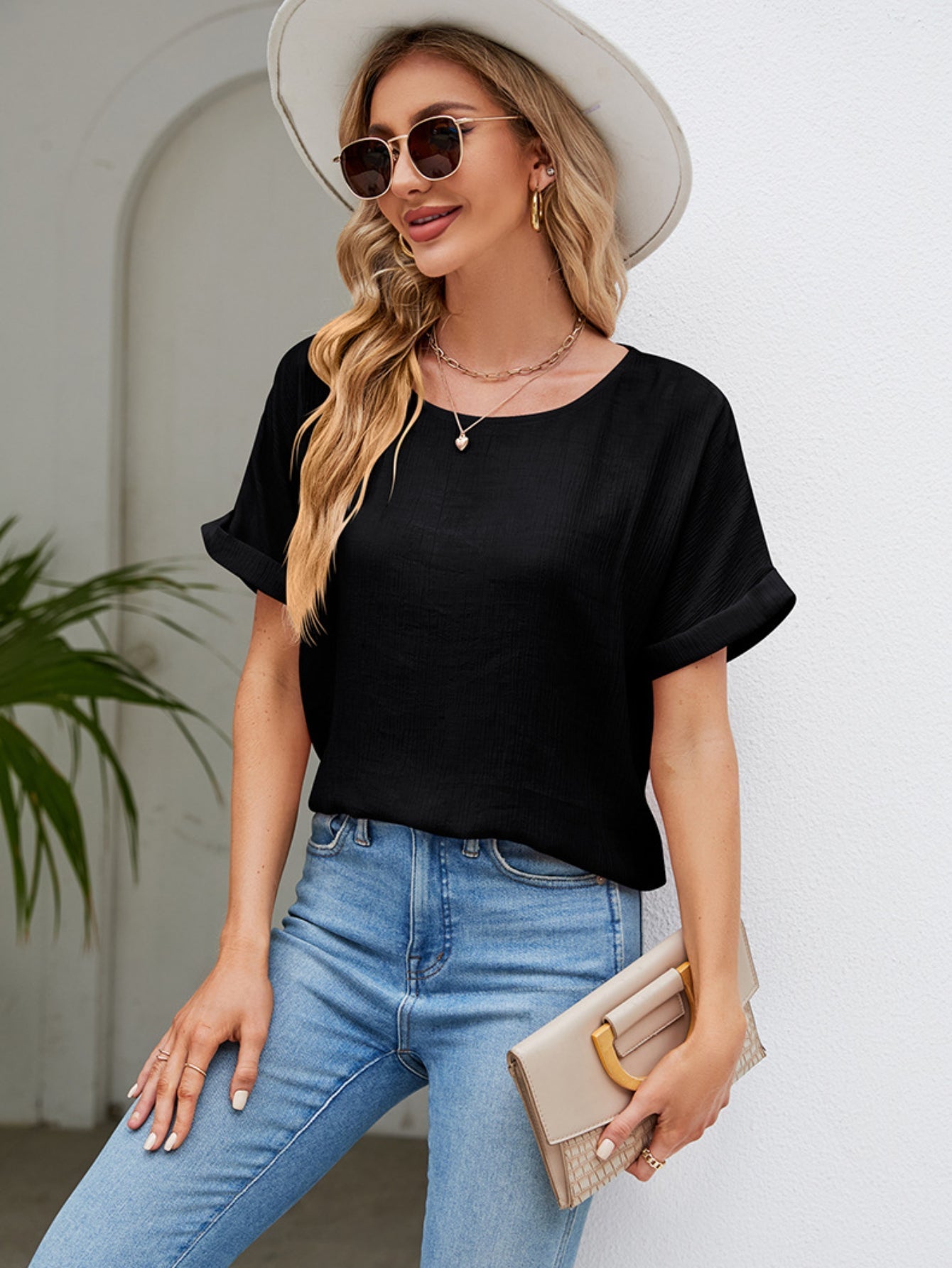 Solid Rolled Short Sleeve T-Shirt, Casual Crew Neck T-Shirt