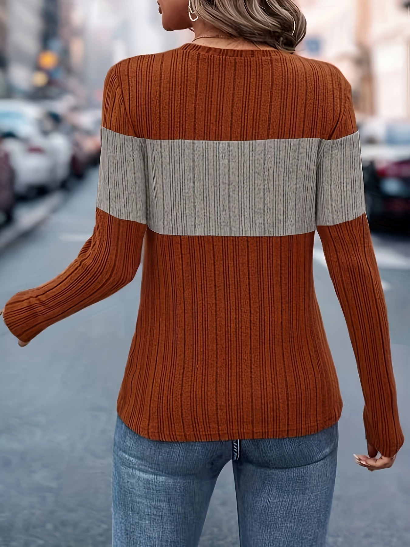 Ribbed Color Block V Neck T-Shirt, Elegant Long Sleeve T-Shirt