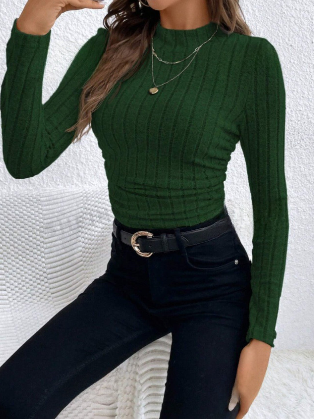 Elegant Women's Crop Long Sleeve Top, Mock Neck Solid Color Slim-Fit T-shirt