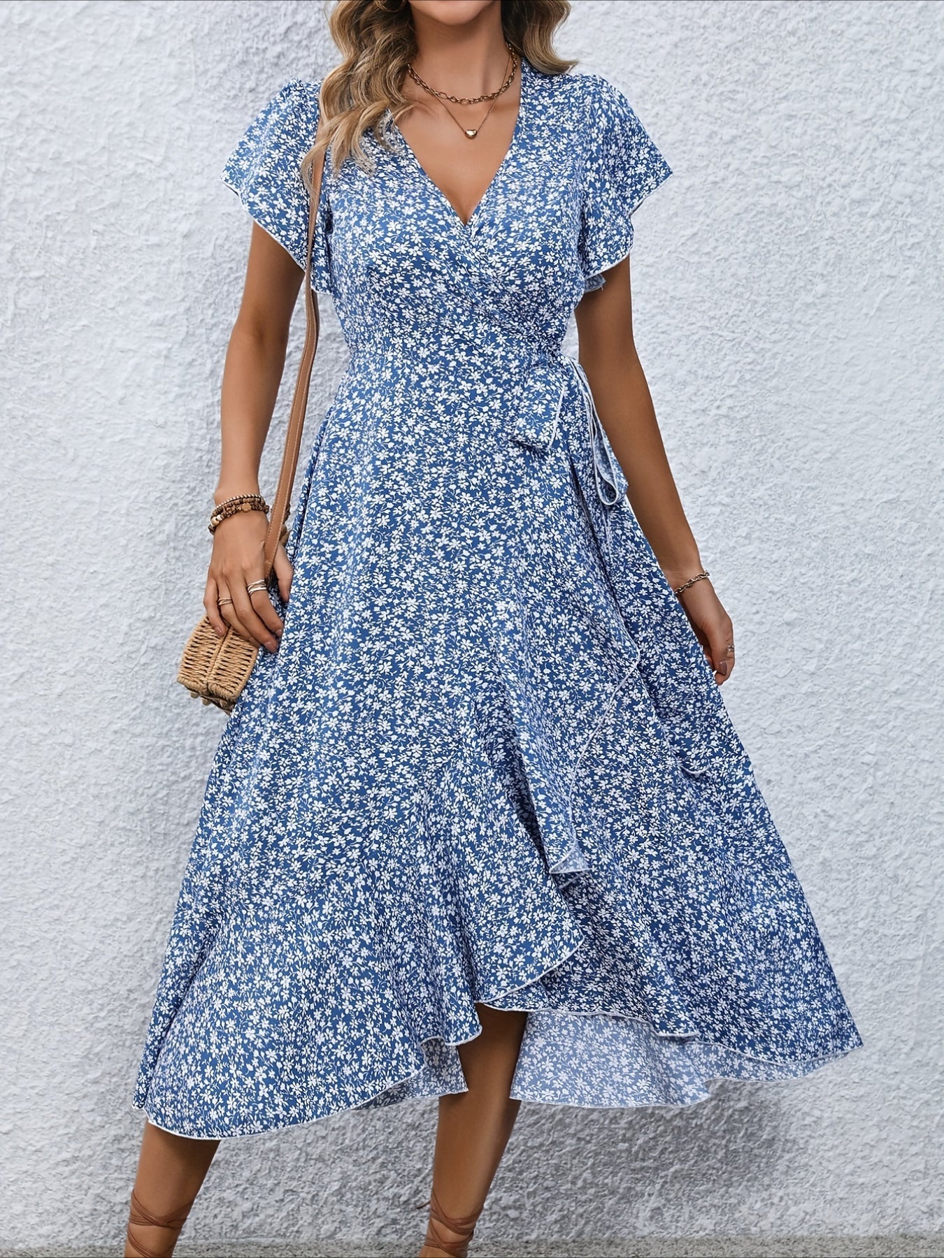 Women's Floral Print Surplice Dress with Flutter Sleeves and Ruffle Hem