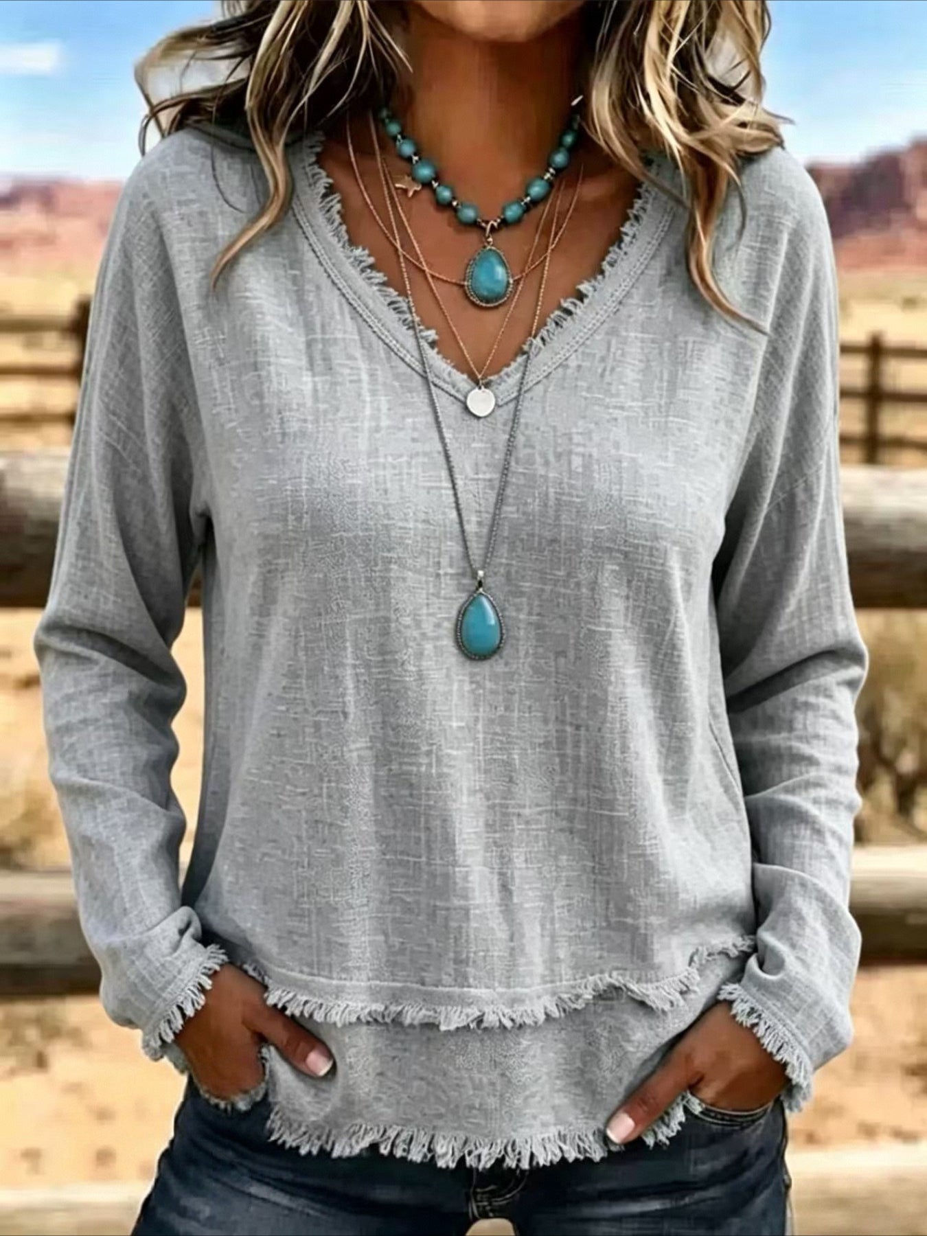 Solid Color Loose V Neck Beard Edge Long Sleeve T-shirt