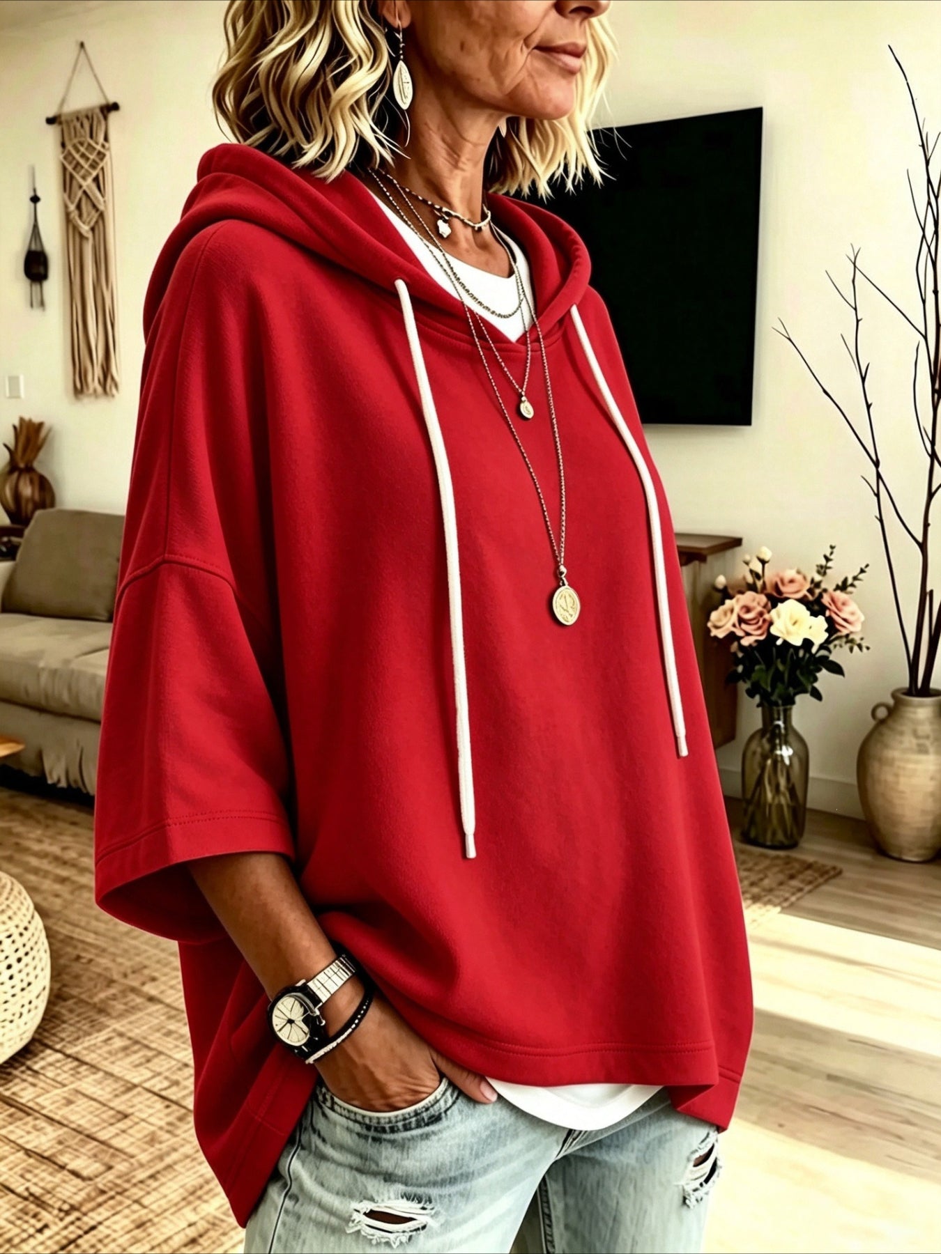 Seven-quarter Sleeves Solid Color Casual Hooded Sweatshirt