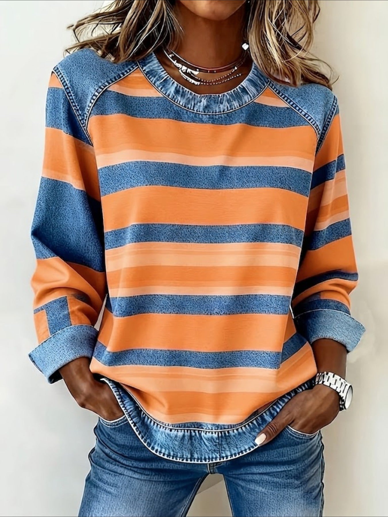 Abstract Stripes Print Patchwork Denim Crewneck Long-Sleeved Sweatshirt