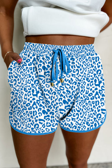 Blue Leopard Elastic Waist Lace up Contrast Trim Casual Shorts