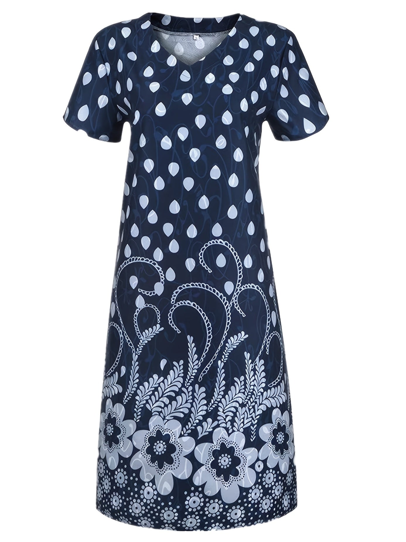 Retro Print Loose Long Dress, Short Sleeve V-neck Waist Summer Dresses