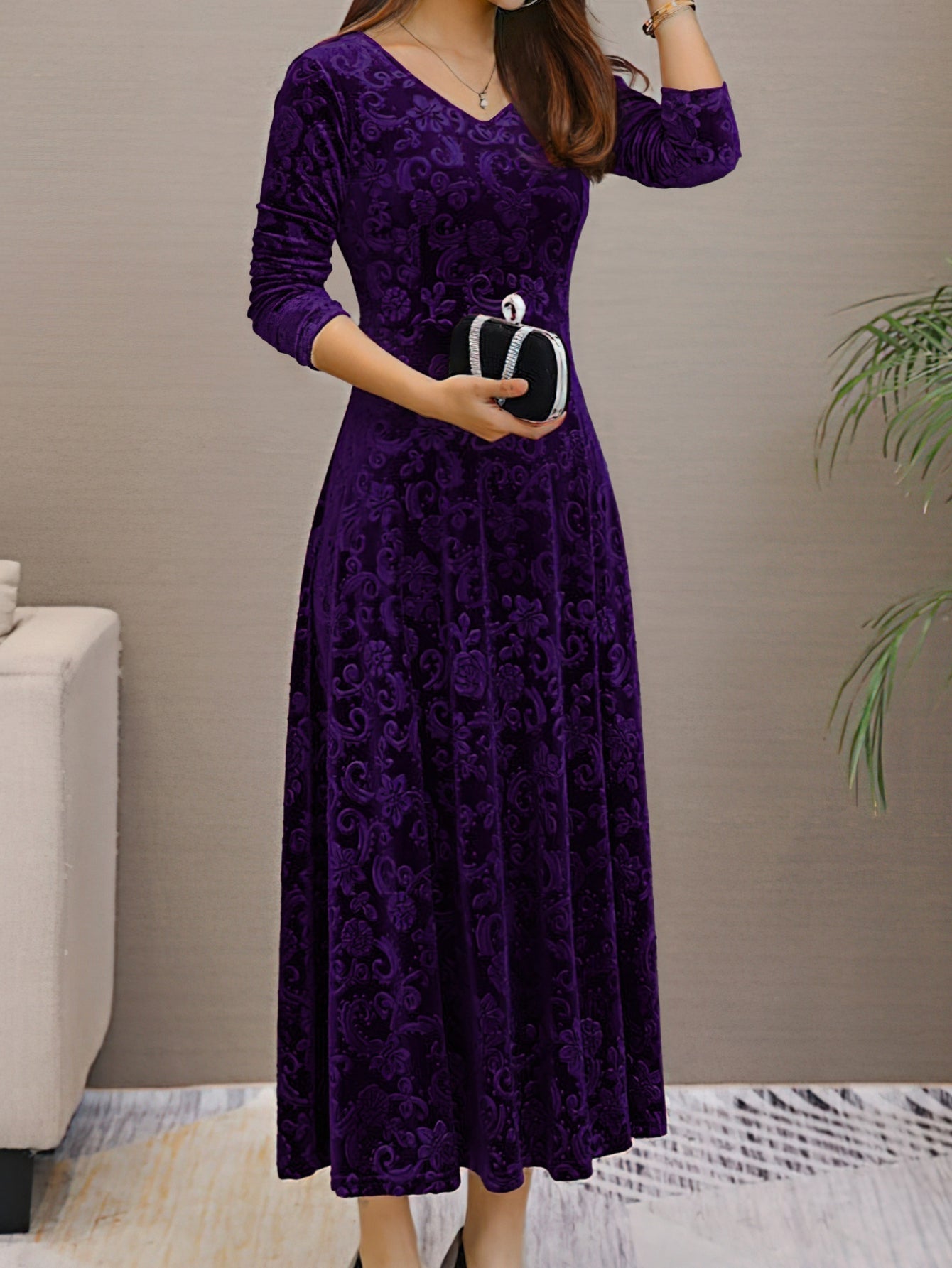 Solid Color Long Sleeve Dress, Elegant V Neck Flared Dress