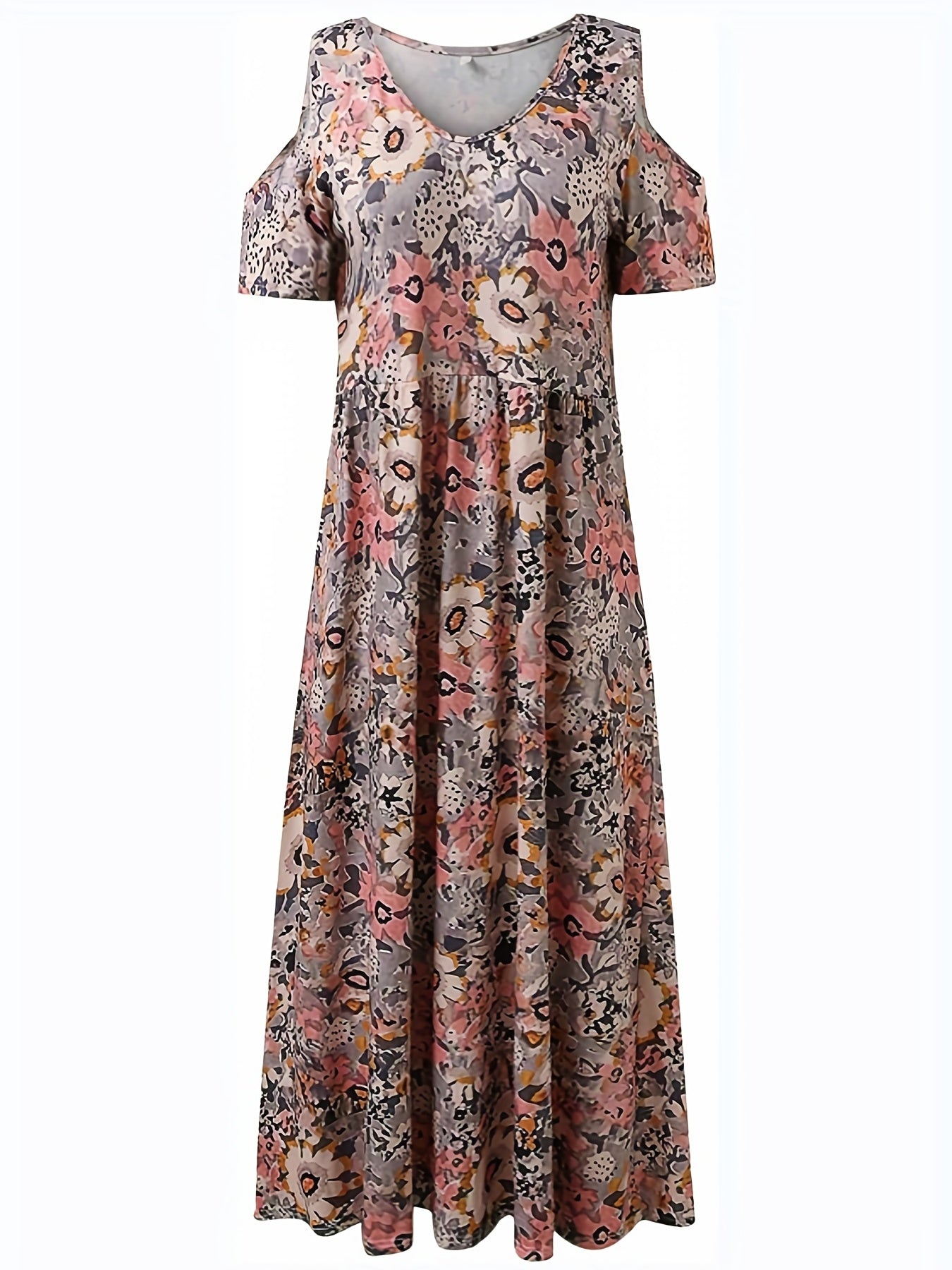 Floral Print Cold Shoulder Dress, Boho Casual V Neck Short Sleeve Ankle Dress