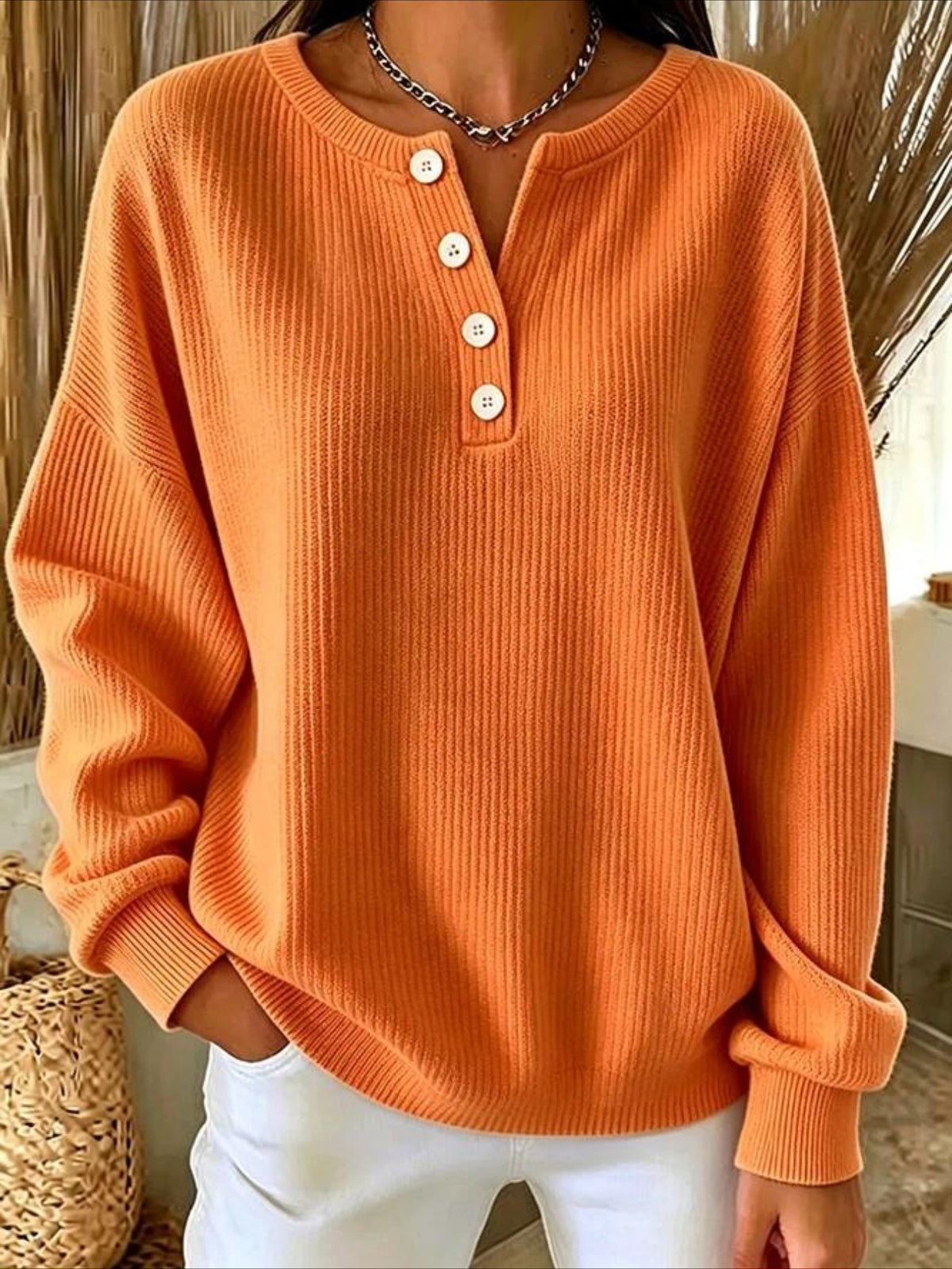 Solid Color V Neck Button Long Sleeve T-Shirt