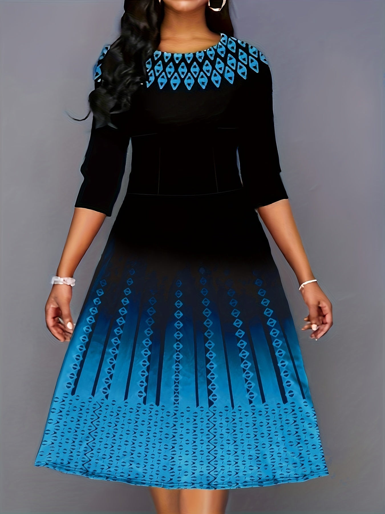 Argyle Print Color Block Dress, Casual Crew Neck Half Sleeve Midi Dress
