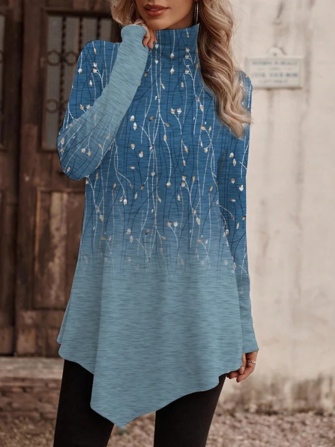 Ethnic Floral Print High Neck Tunics, Boho Long Sleeve Tunic Tops