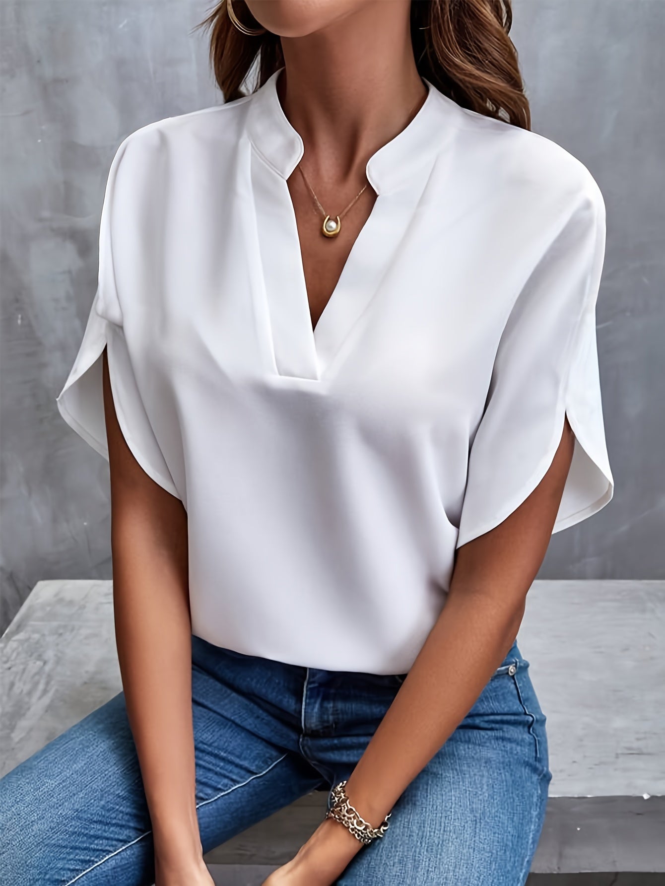 Women's Casual Notch Neck Blouse with Split Sleeves