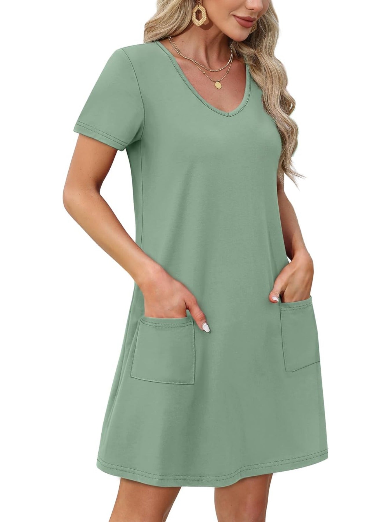 Loose V Neck Short Sleeve Casual T Shirt Dress