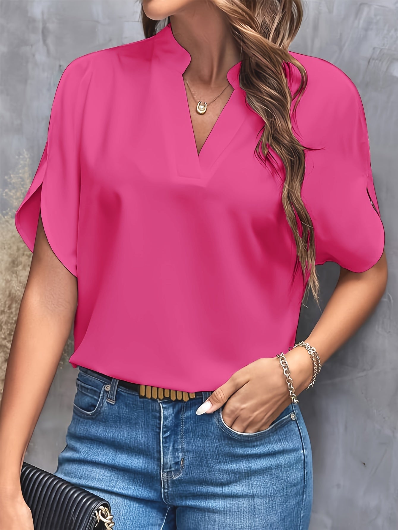 Women's Casual Notch Neck Blouse with Split Sleeves