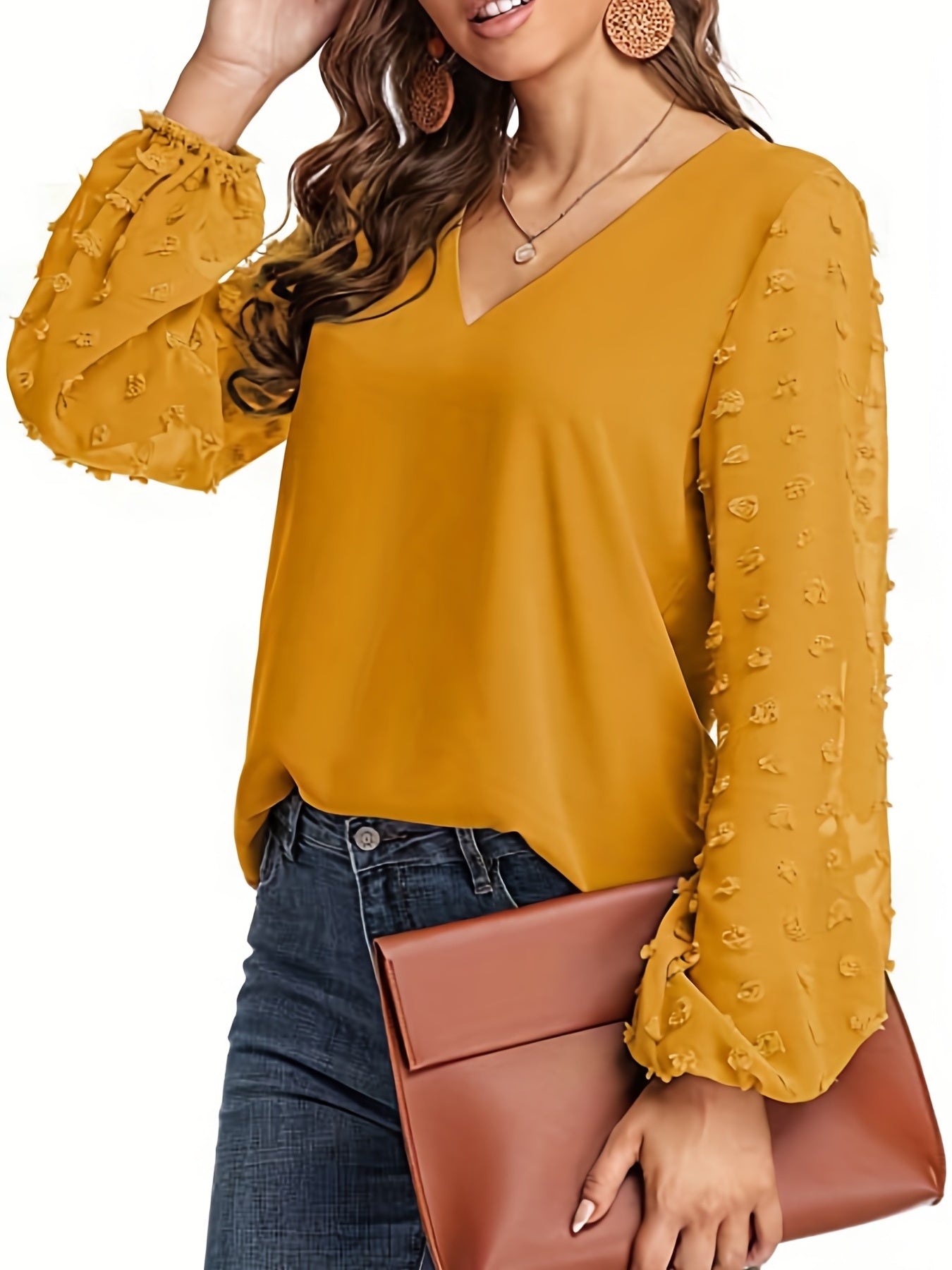 Swiss Dot Sleeve Shirt, Casual V Neck Solid Shirt