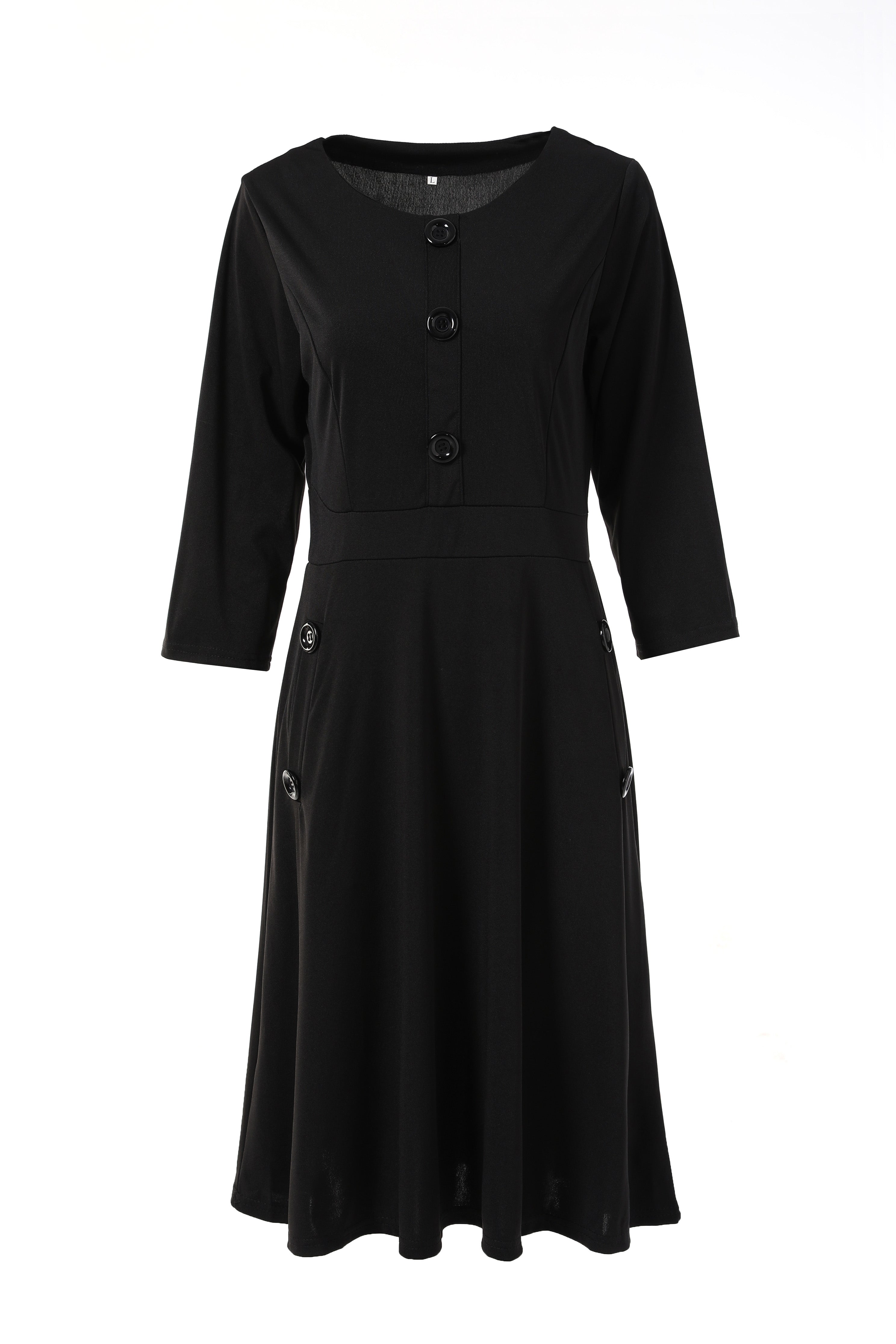Solid Button Crew Neck Half Sleeve High Waist Dress, Elegant Ruffled Hem Slim Midi Dress