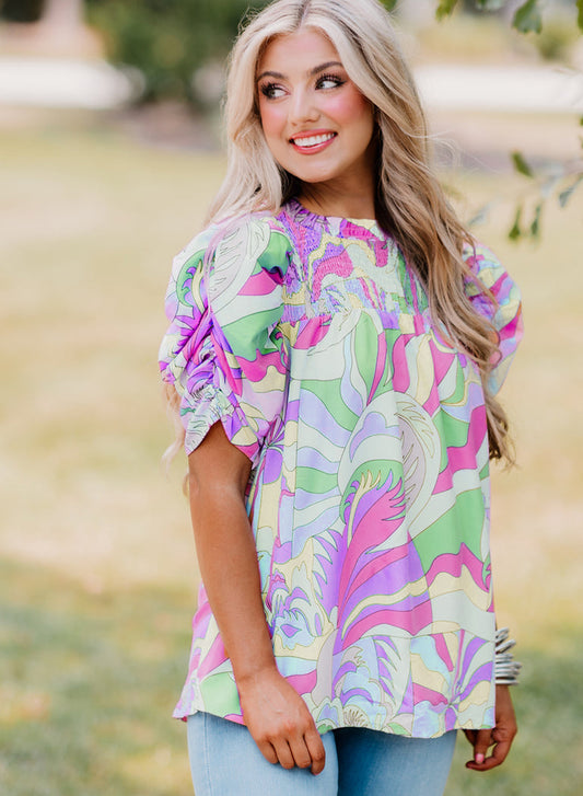 Green Abstract Print Bubble Sleeve Smock Detail Blouse