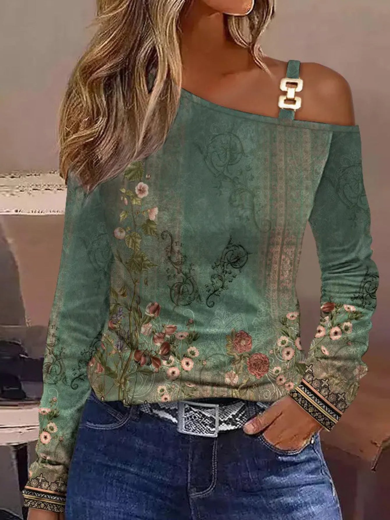 Cutout Lace Stitching Cold Shoulder T-Shirt, Casual Long Sleeve Top