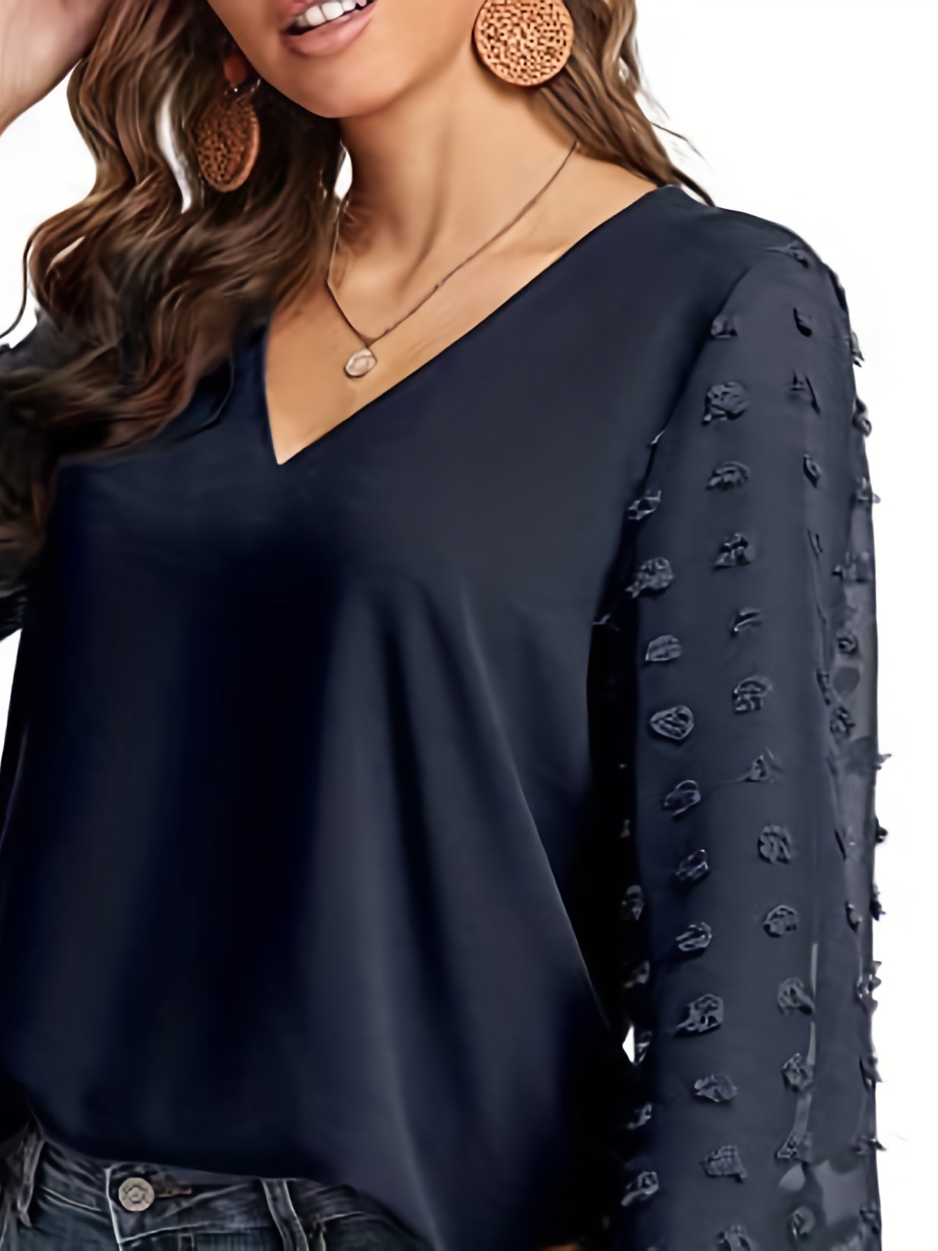 Swiss Dot Sleeve Shirt, Casual V Neck Solid Shirt