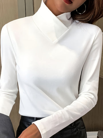 Solid Mock Neck T-Shirt, Casual Long Sleeve Top