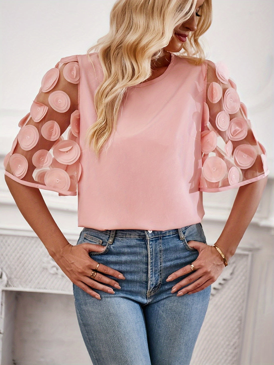 Women's Solid Applique Blouse with Half Sleeves and Mesh Splicing