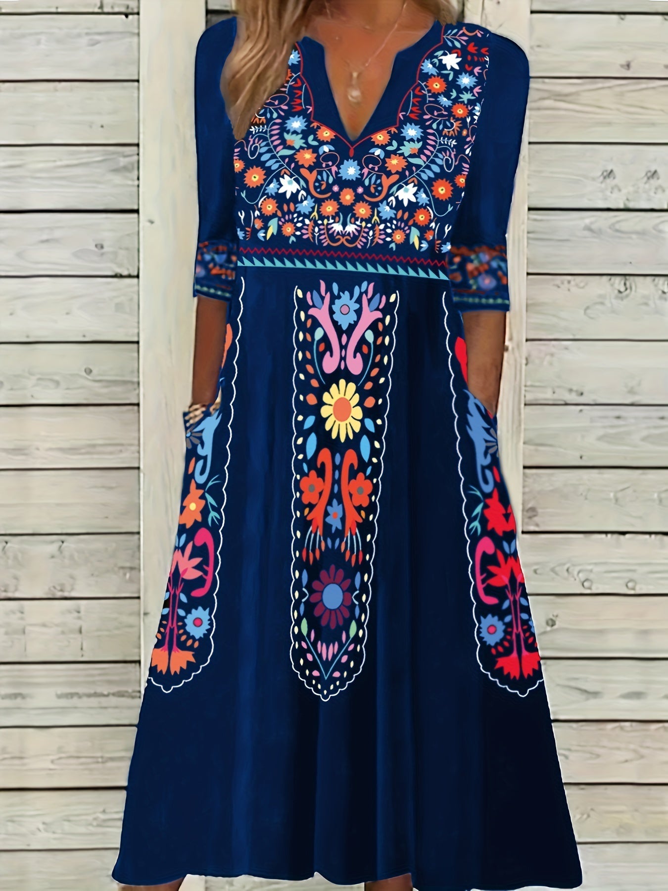 Ethnic Print Dual Pockets Dress, Casual Half Sleeve V-neck Dress