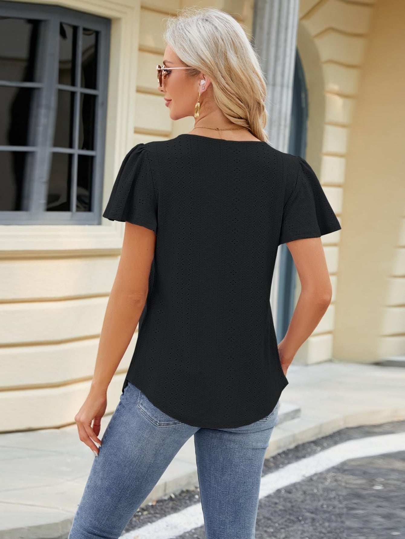 Pleated Hollowed Out Square Neck Short Sleeve T-Shirt