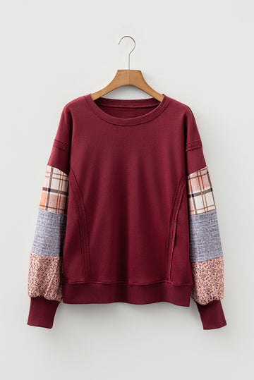 Red Sandalwood Plaid Colorblock Patchwork Sleeve Raw Seam Sweatshirt