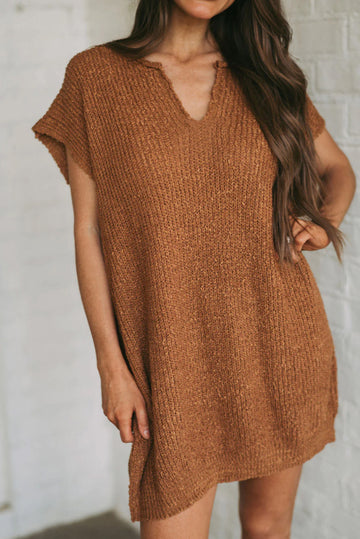 Camel Solid Color Short Sleeve Notched V Neck Sweater Dress