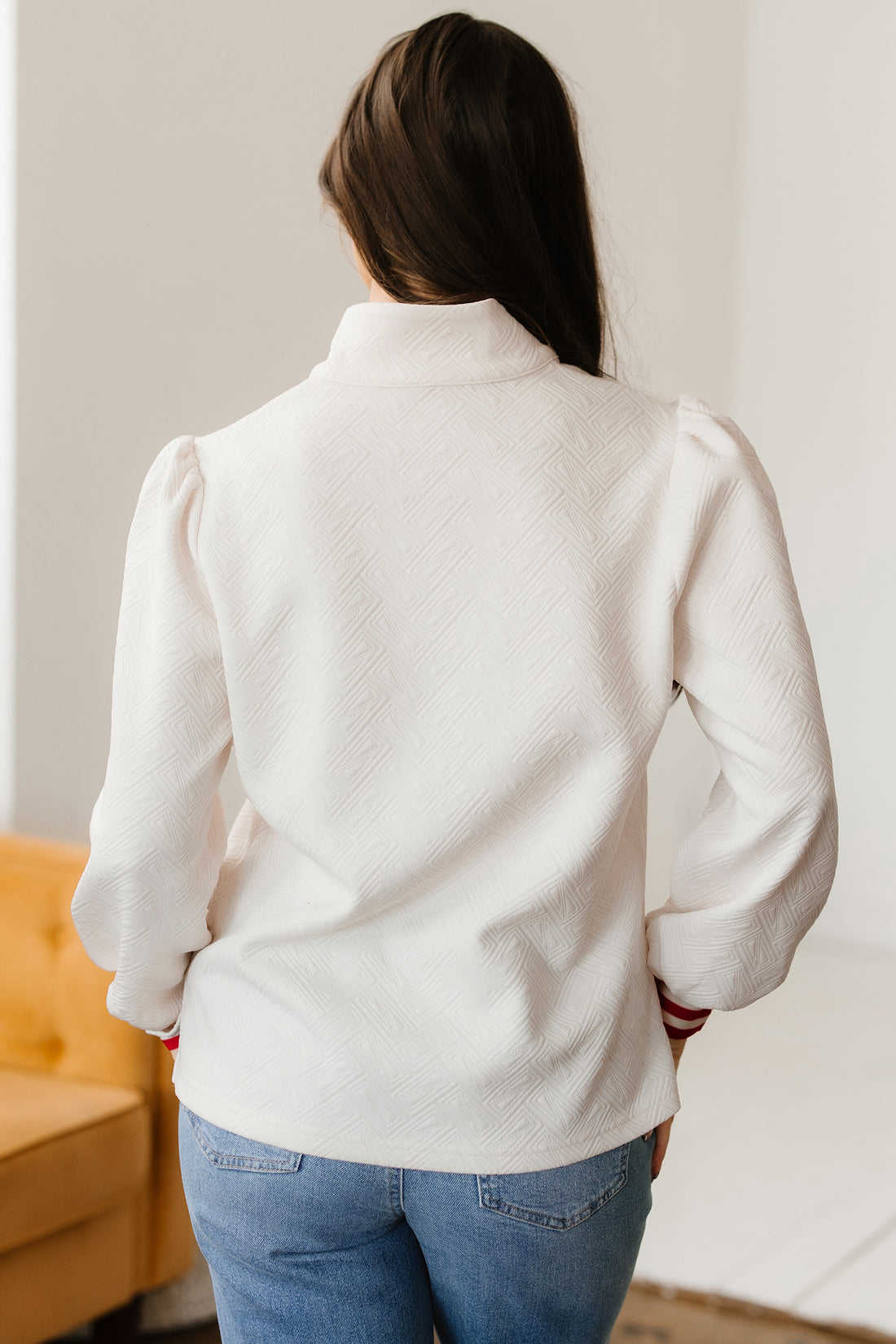 White Textured Knit Contrast Striped Accent Zipped Collar Pullover Top