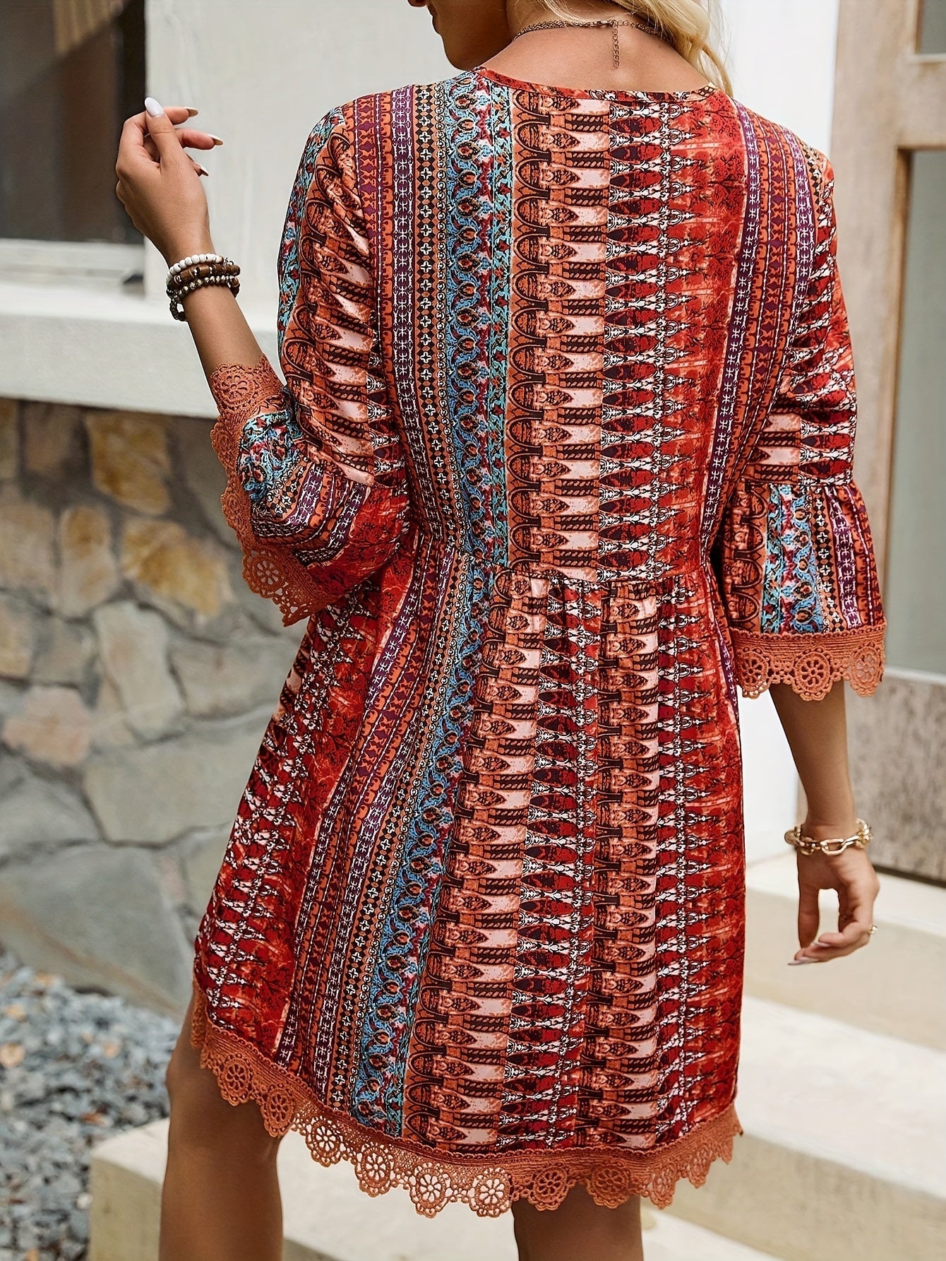 3/4 Sleeve Striped V-neck Trapeze Dress