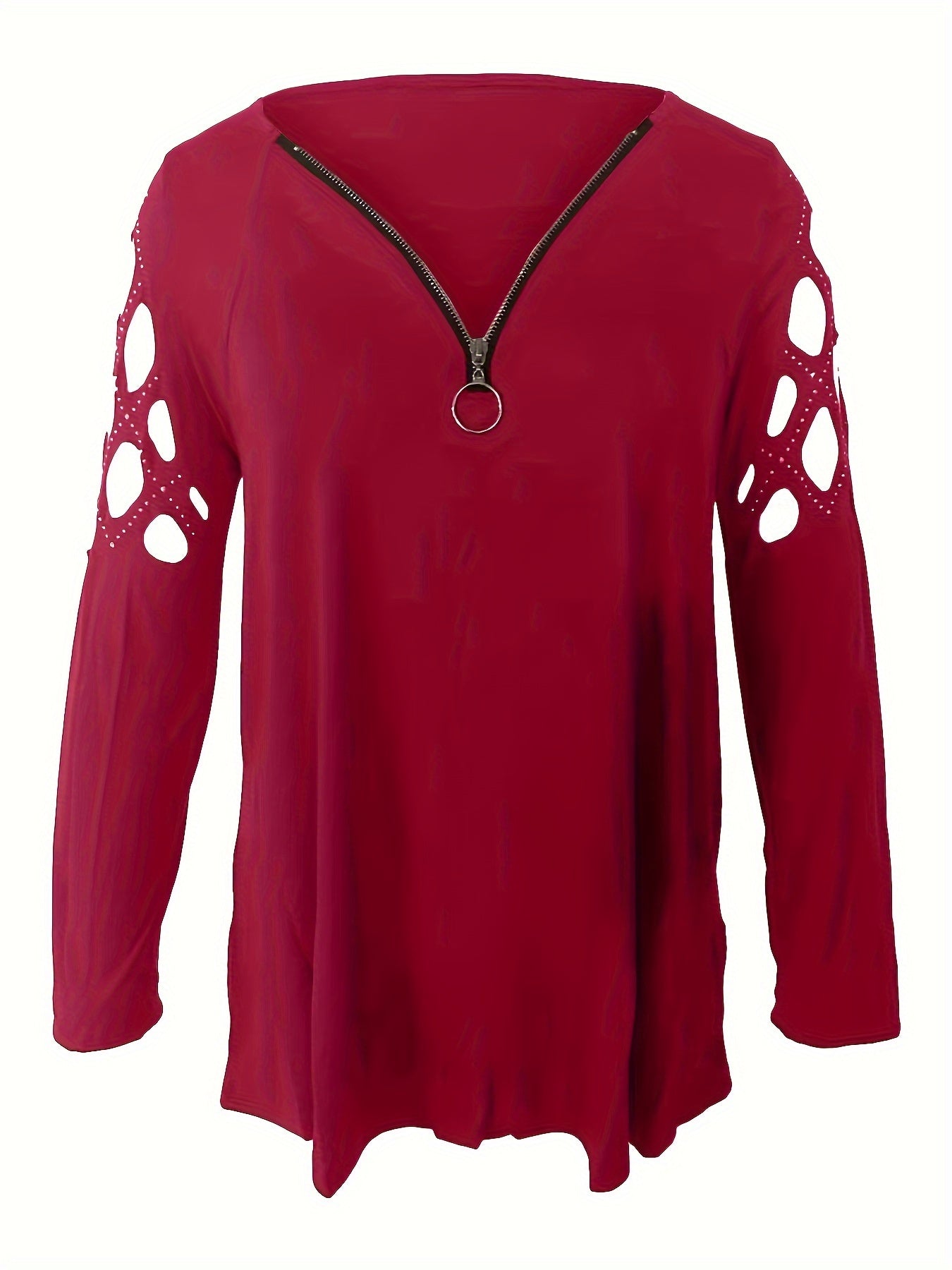 Cutout Zipper Front T-Shirt, Casual V Neck Long Sleeve T-Shirt
