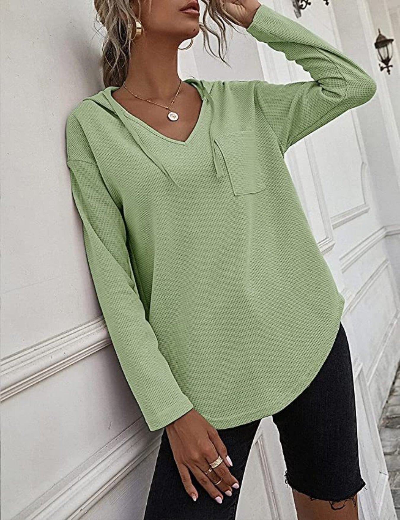 Drawstring Solid Waffle Hoodies, Casual V Neck Long Sleeve Sweatshirt With Pocket