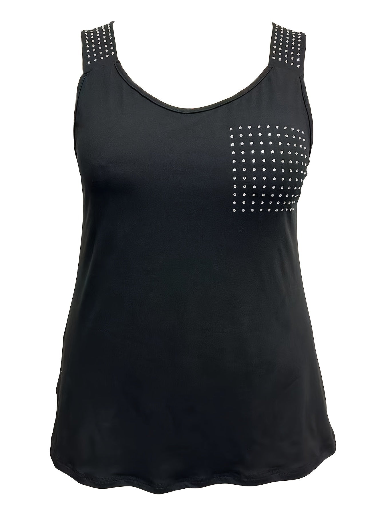 Rhinestone Solid Tank Top, Casual Crew Neck Sleeveless Top