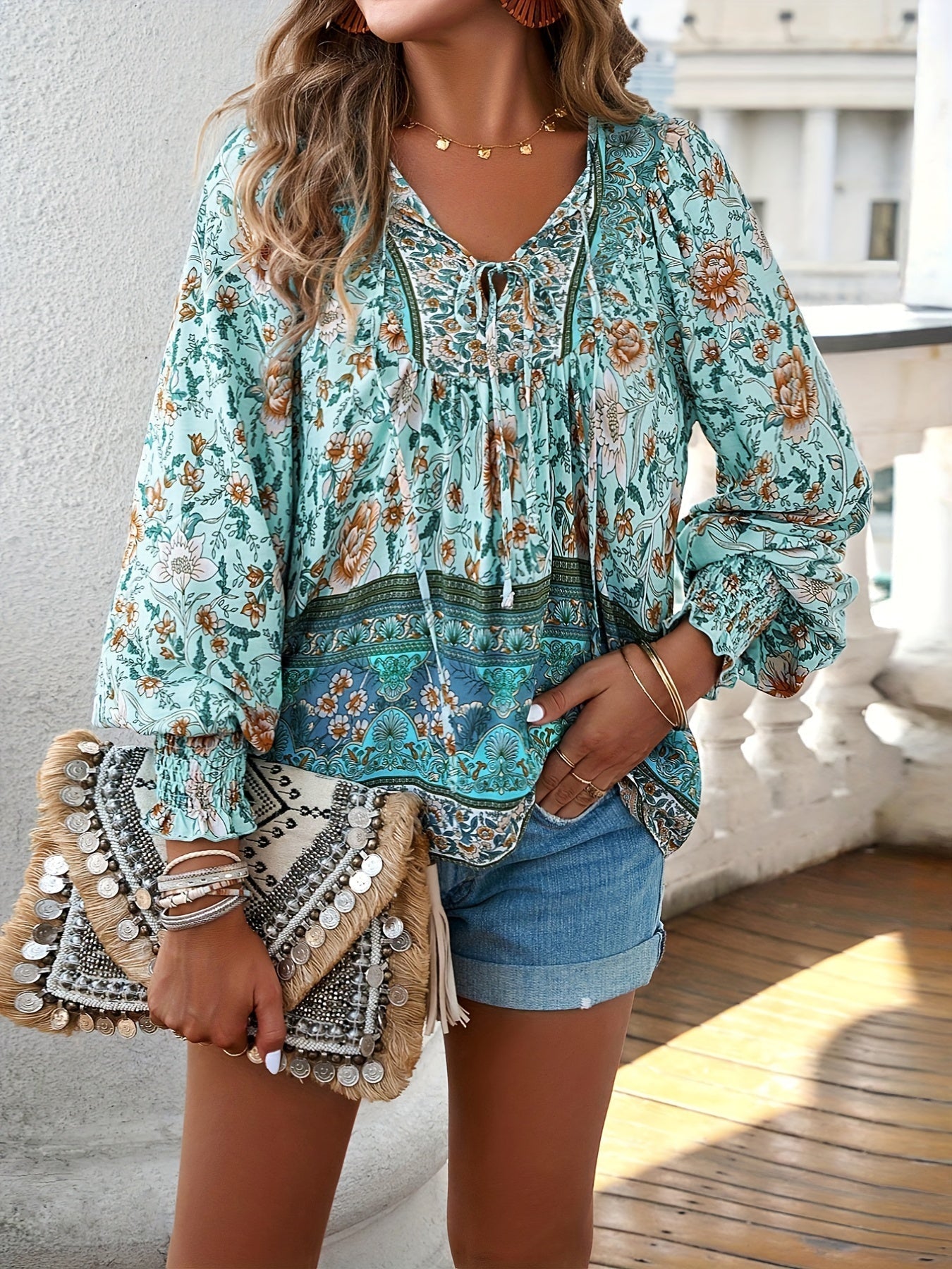 Drawstring Long Sleeve Casual Floral Print V Neck Blouse
