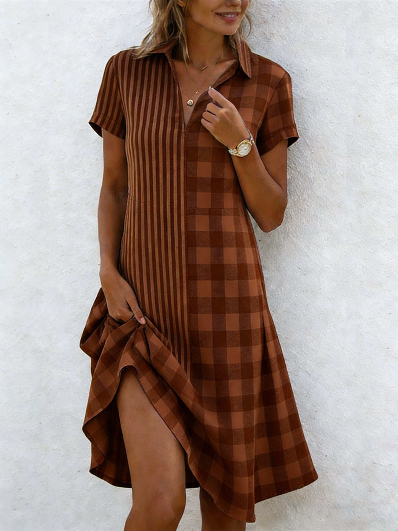 Elegant Loose Shawl Collar Geometric Shirt Dress