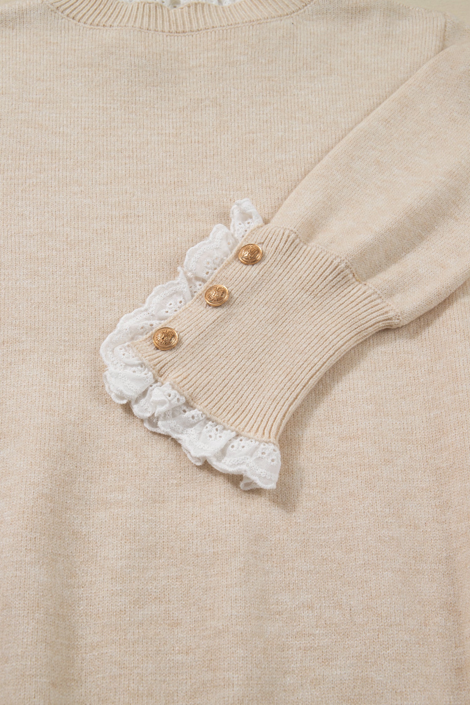 Jet Stream Lace Trim Patchwork Buttoned Cuffs Loose Sweater