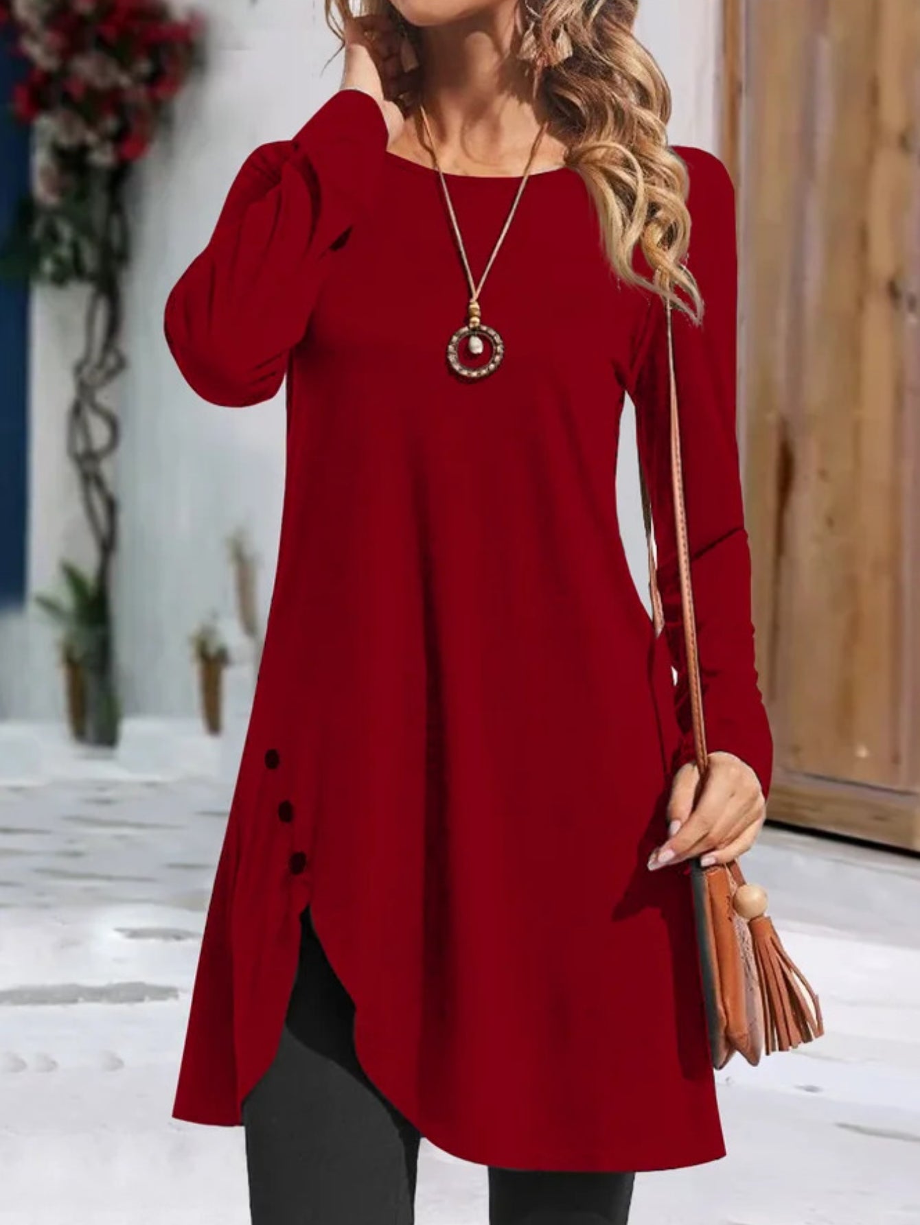 Solid Color Crew Neck, Casual Long Sleeve Asymmetric Hem Dress