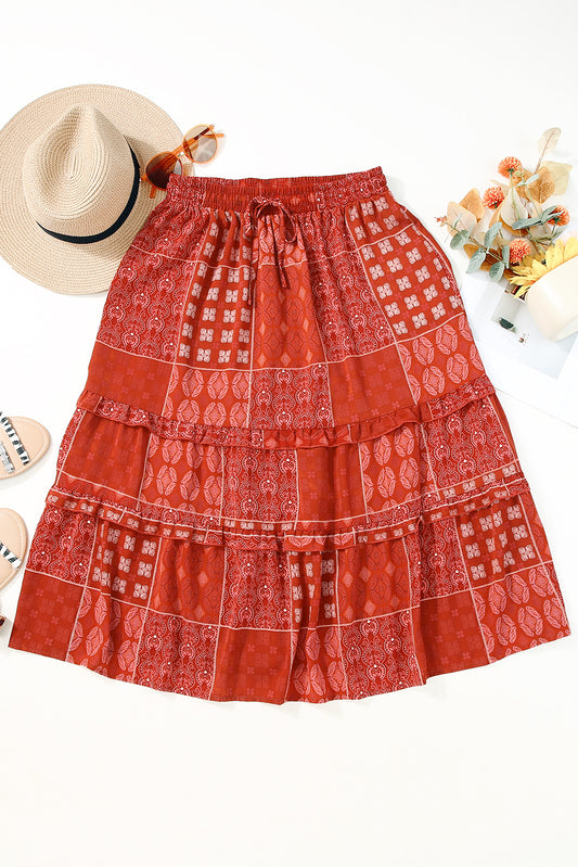Fiery Red Bohemian Mix Print Long Flared Skirt