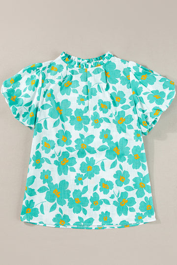 Green Floral Puff Sleeve Frilled Neckline Blouse