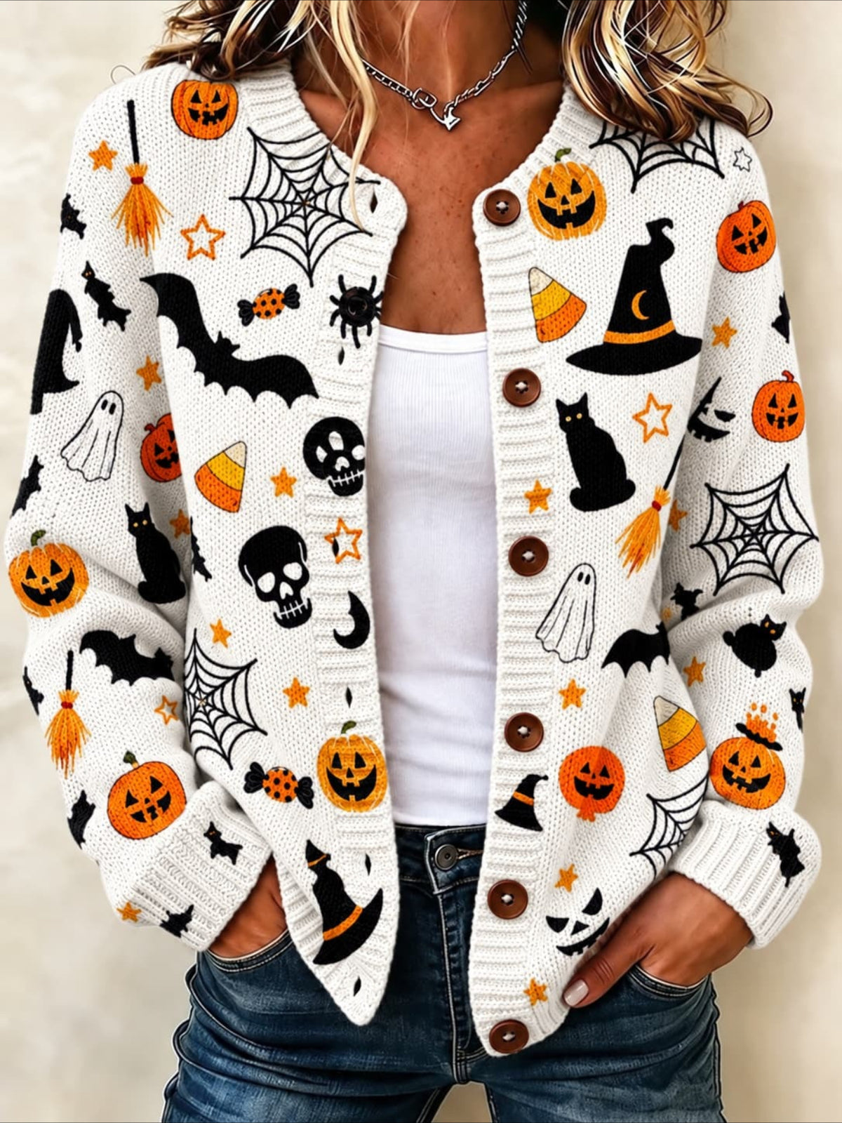 Halloween Crew Neck Long Sleeve Printed Cardigan Sweater