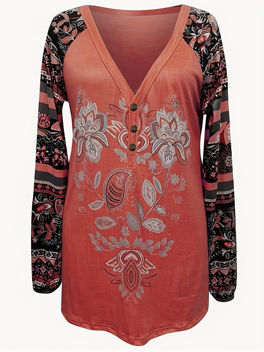 Paisley Print Long Sleeve T-shirt, Women's Slight Stretch V Neck Casual Pullover Top