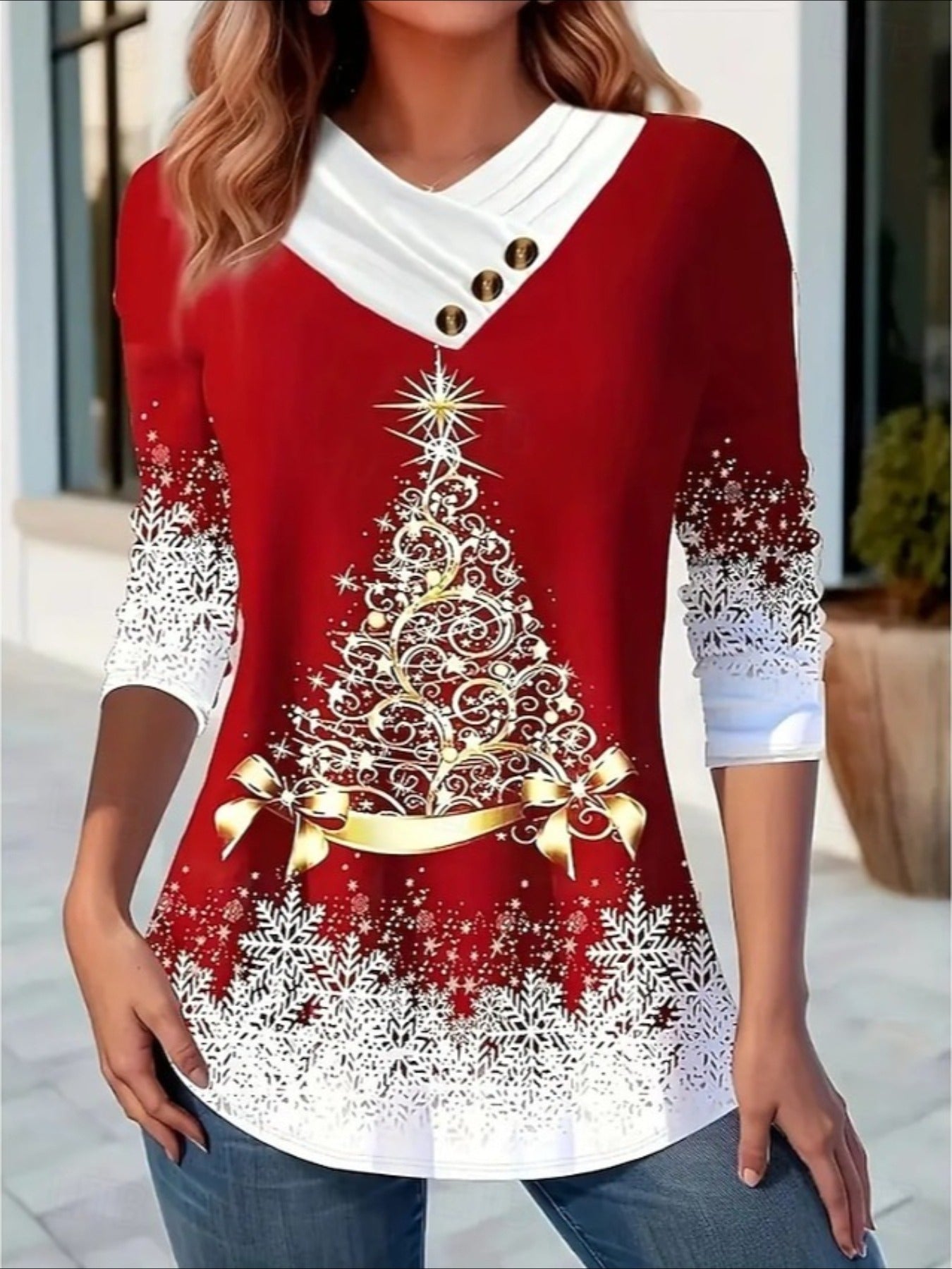 Christmas Snowflake Print Button Decor T-shirt, Casual Long Sleeve Plaid Print T-shirt