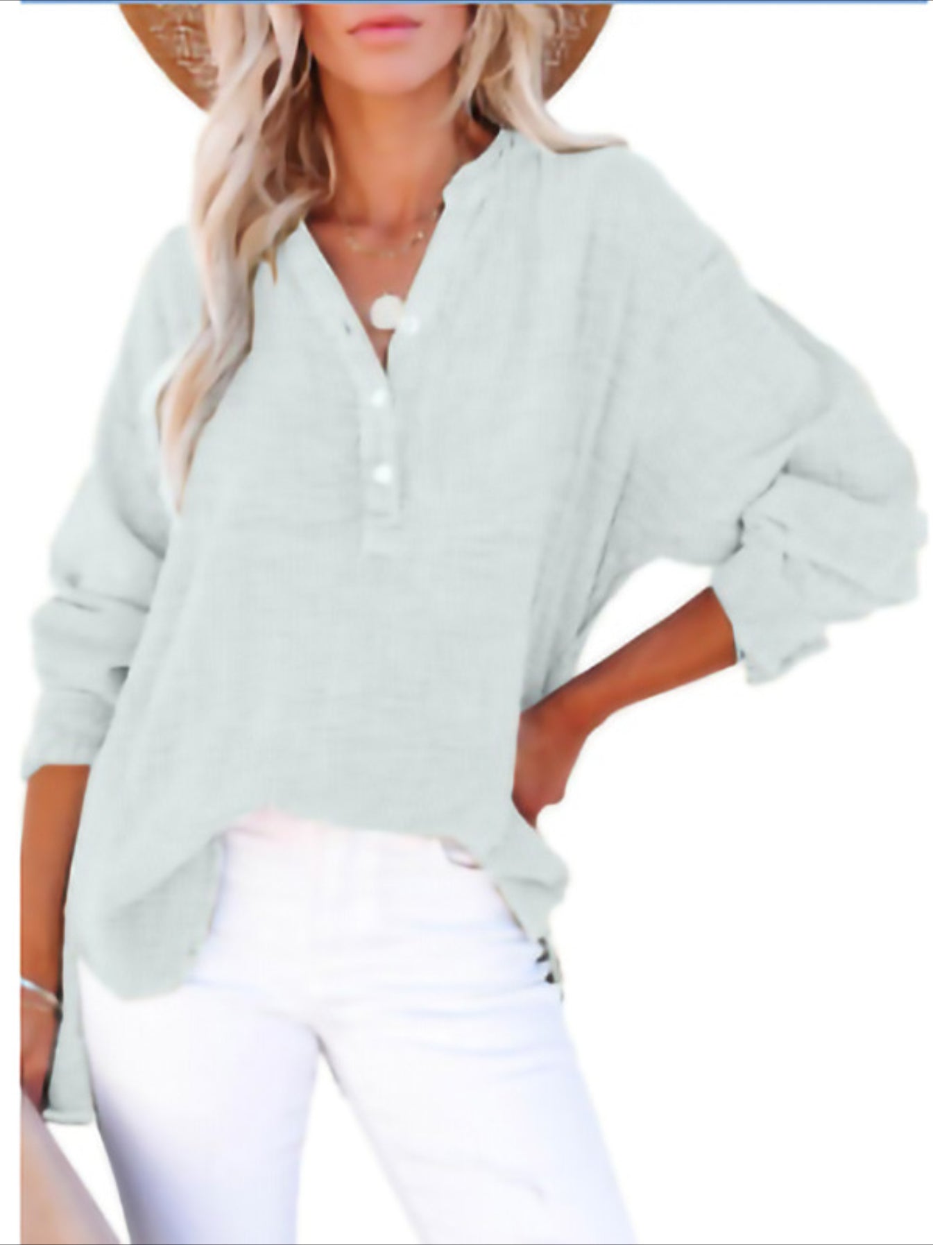 Long Sleeve Button Solid Color Pleated Detail Casual Oversized V-Neck Blouse