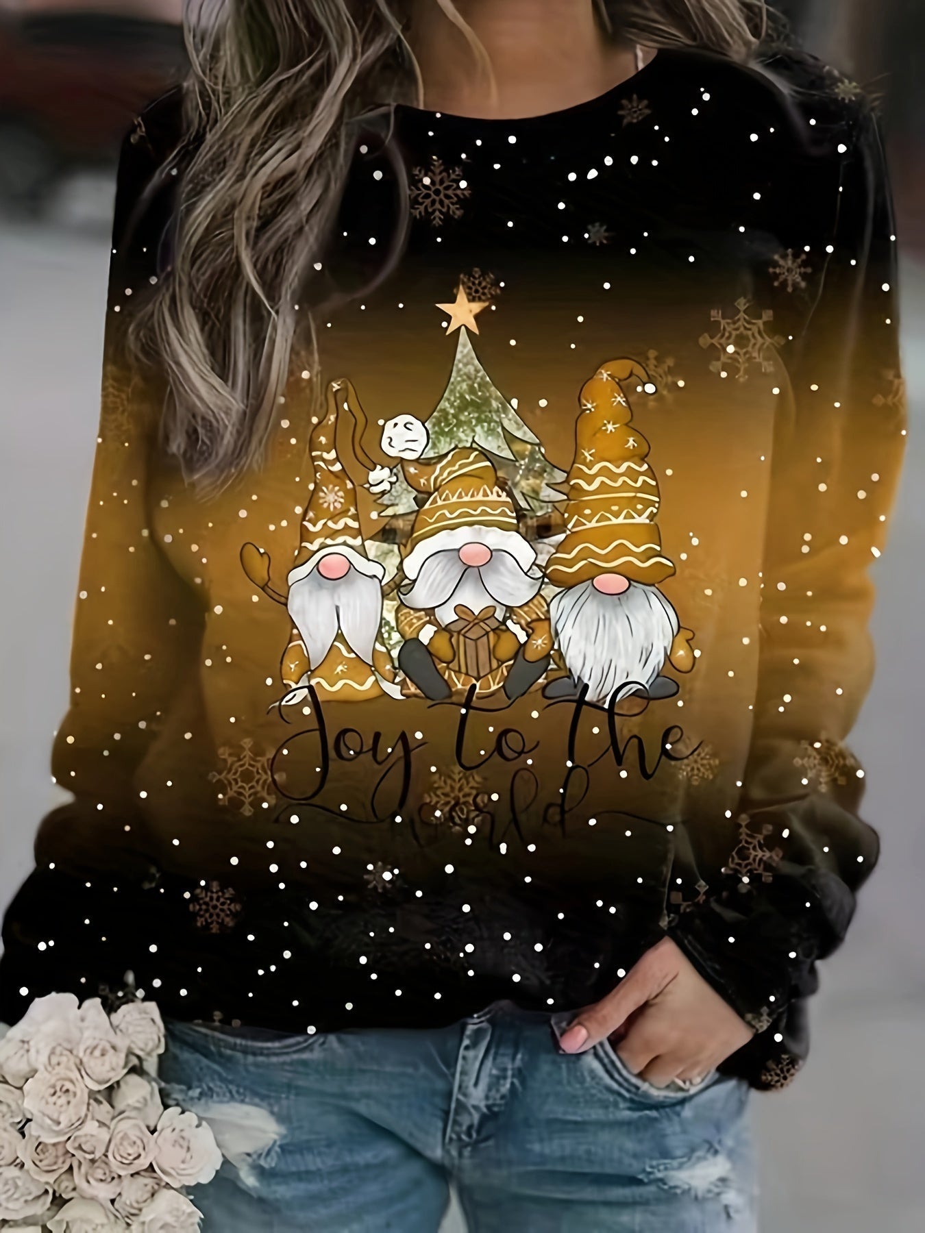 Christmas Top, Women's Christmas Dwarf & Slogan Print Ombre Long Sleeve Round Neck Slight Stretch Top