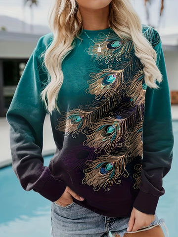 Peacock Feather Print Long Sleeve Round Neck Sweatshirt