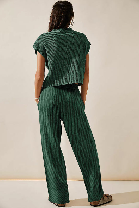 Green Knitted V Neck Sweater and Casual Pants Set