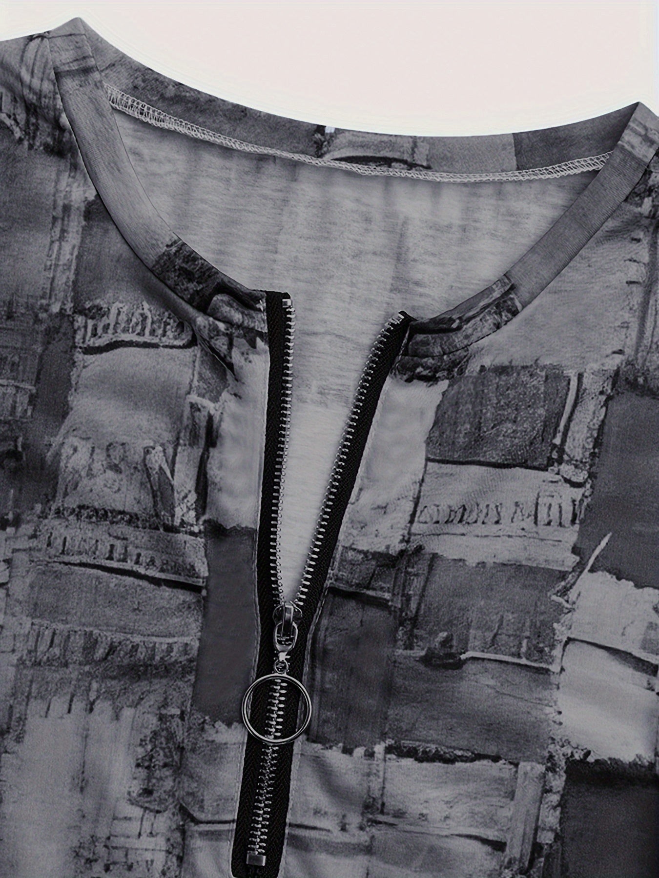 Patchwork Zipper T-shirt, Casual Crew Neck Long Sleeve Summer T-shirt